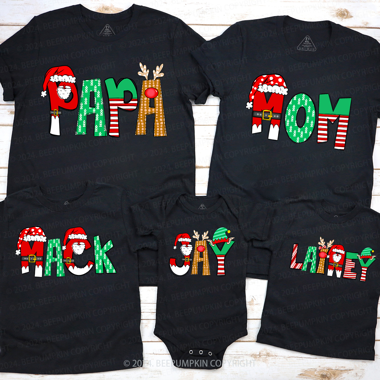 Personalized Cartoon Font Santa Family Matching T-Shirts Beepumpkin