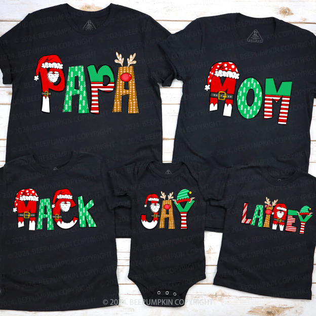 Personalized Cartoon Font Santa Family Matching T-Shirts Beepumpkin
