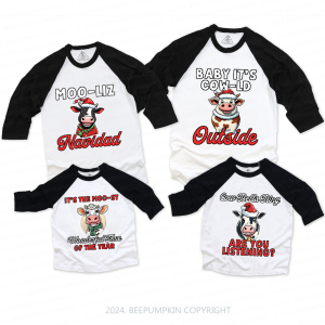 Image of Personalized Christmas Cow Family Matching Raglan Sleeves T-Shirts Beepumpkin