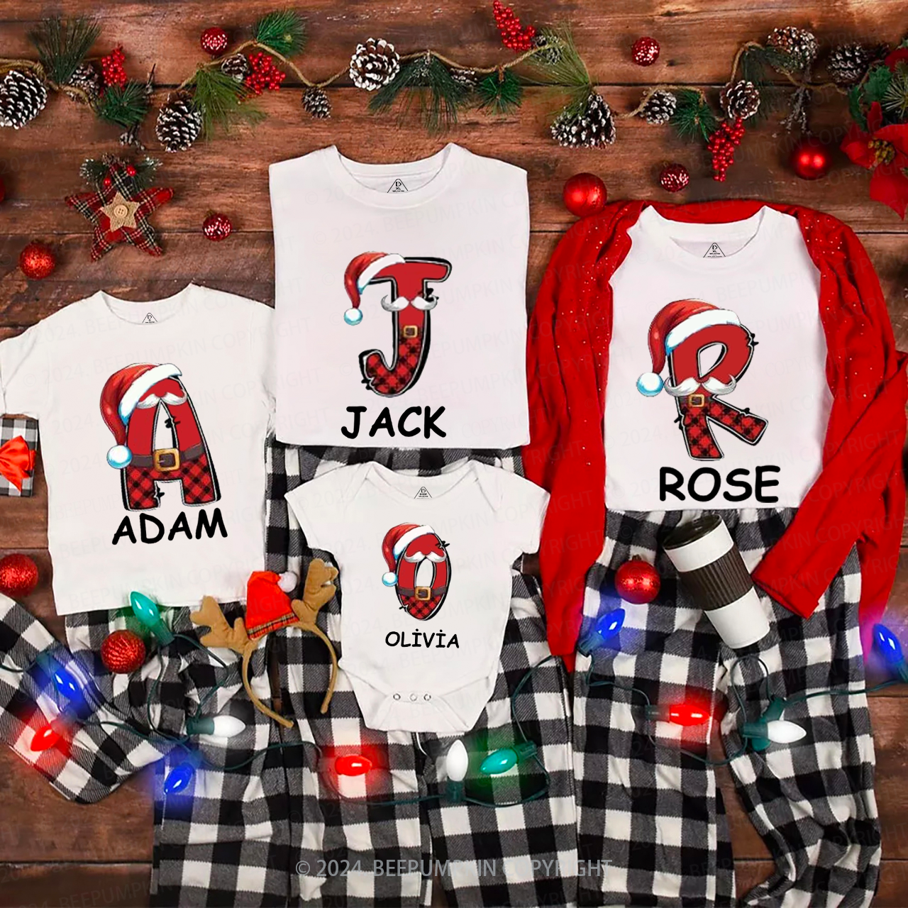 Personalized Plaid Name And Santa Hat Matching T-Shirts Beepumpkin