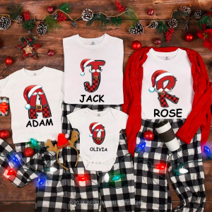 Image of Personalized Plaid Name And Santa Hat Matching T-Shirts Beepumpkin