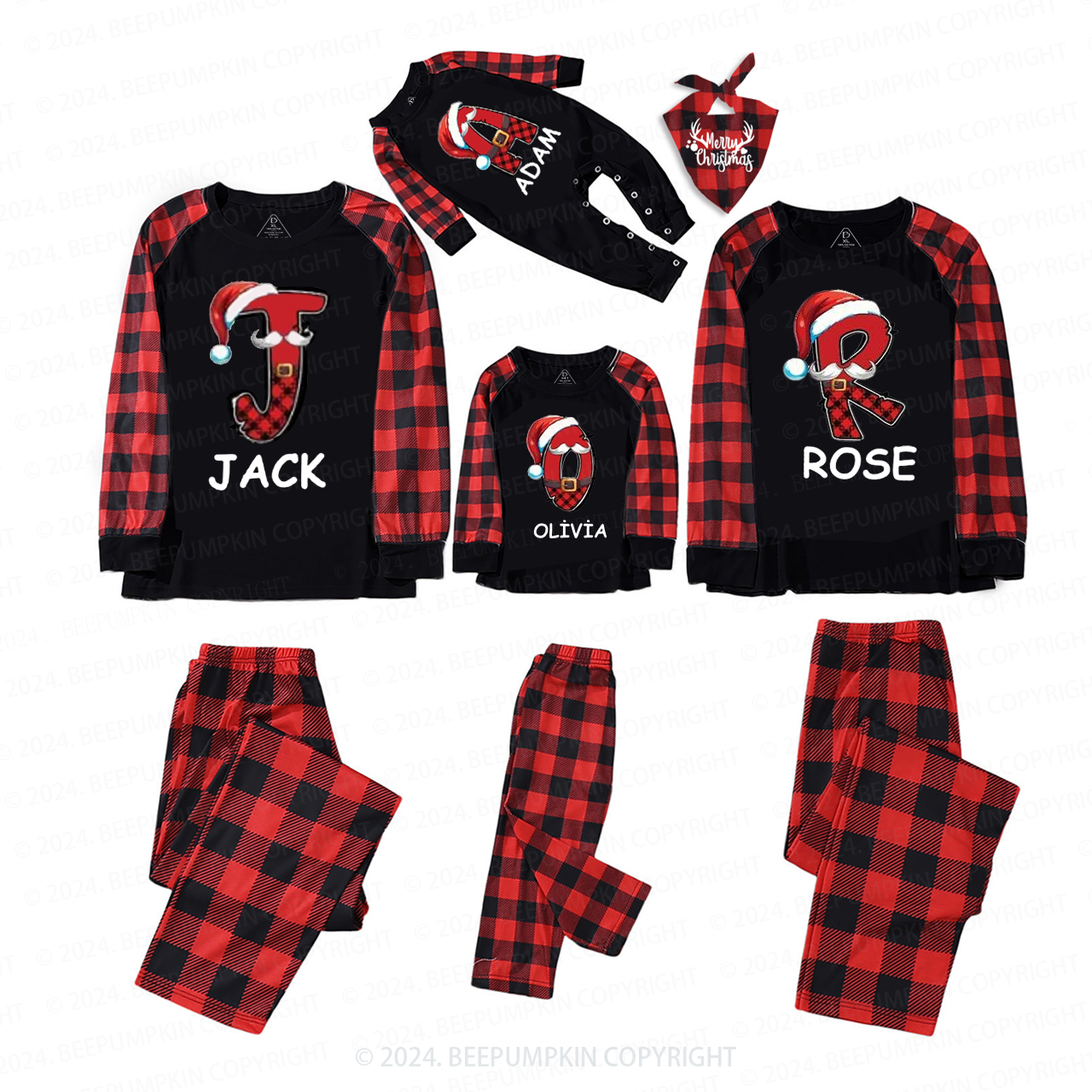 Personalized Plaid Name And Santa Hat Family Matching Pajama Set Beepumpkin