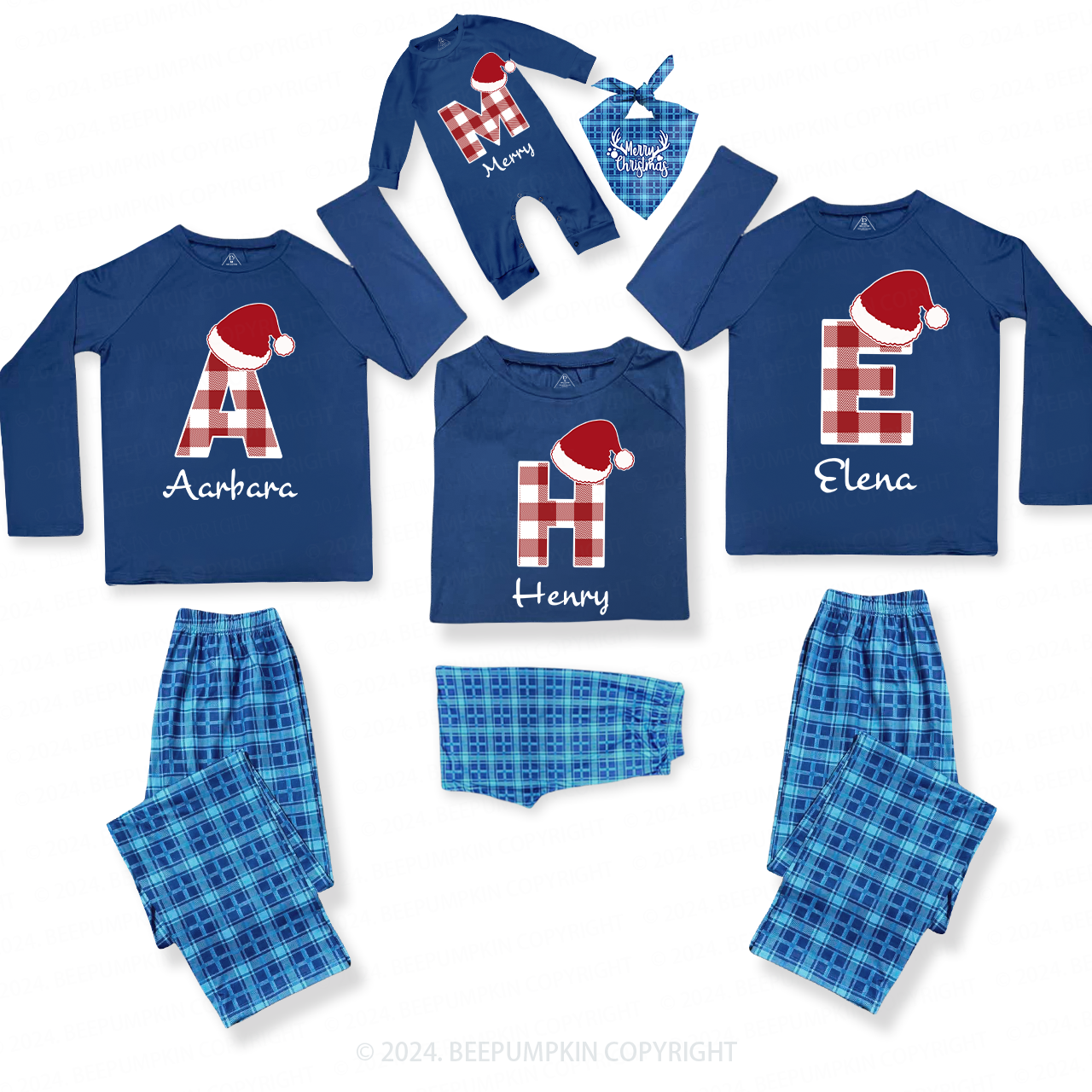 Personalized Monogrammed Plaid Christmas Family Matching Blue Pajamas Beepumpkin