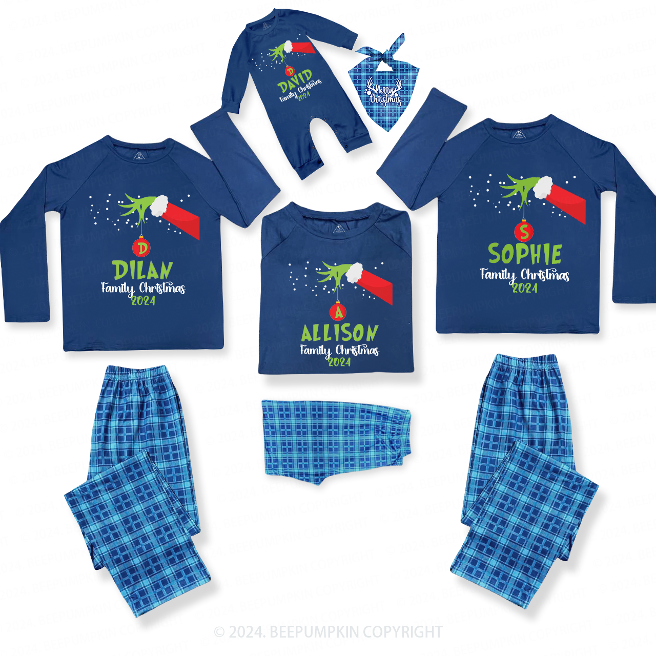 Personalized Name Snowflake And Lantern Family Matching Blue Pajamas Beepumpkin