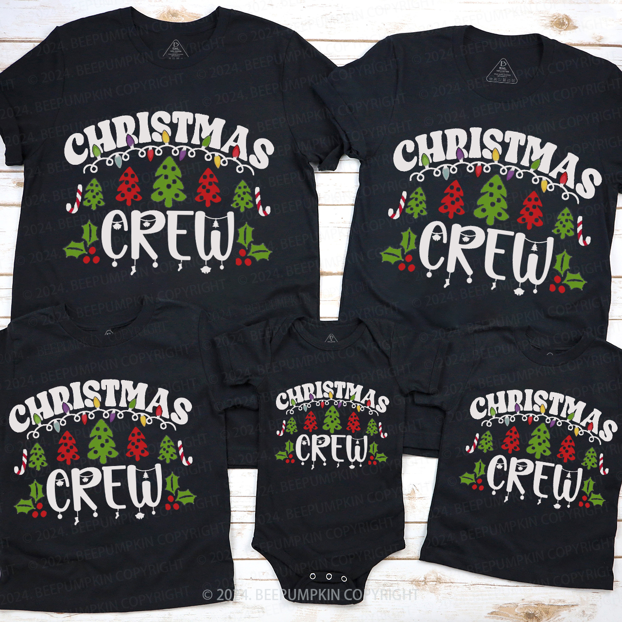 Christmas Crew Tree And Light Family Matching T-Shirts Beepumpkin