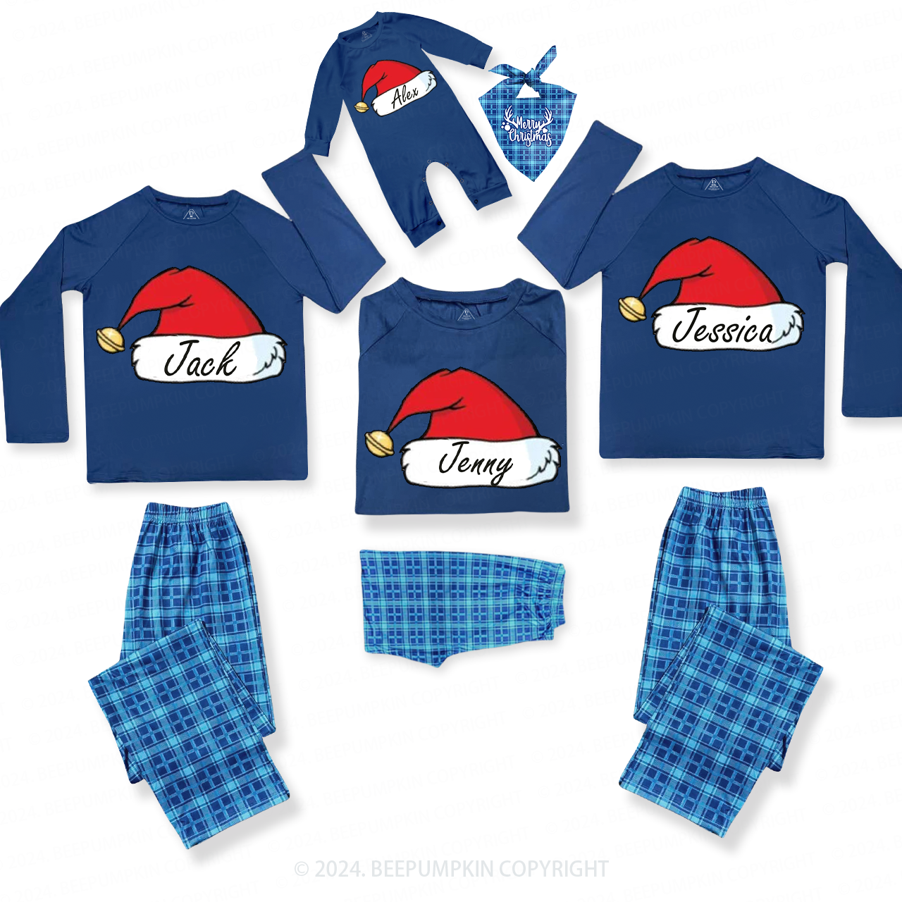 Personalized Bell Santa Hat Family Matching Blue Pajamas Beepumpkin