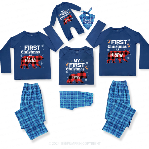 Image of Personalized First Christmas Bear Buffalo Plaid Family Matching Blue Pajamas Beepumpkin