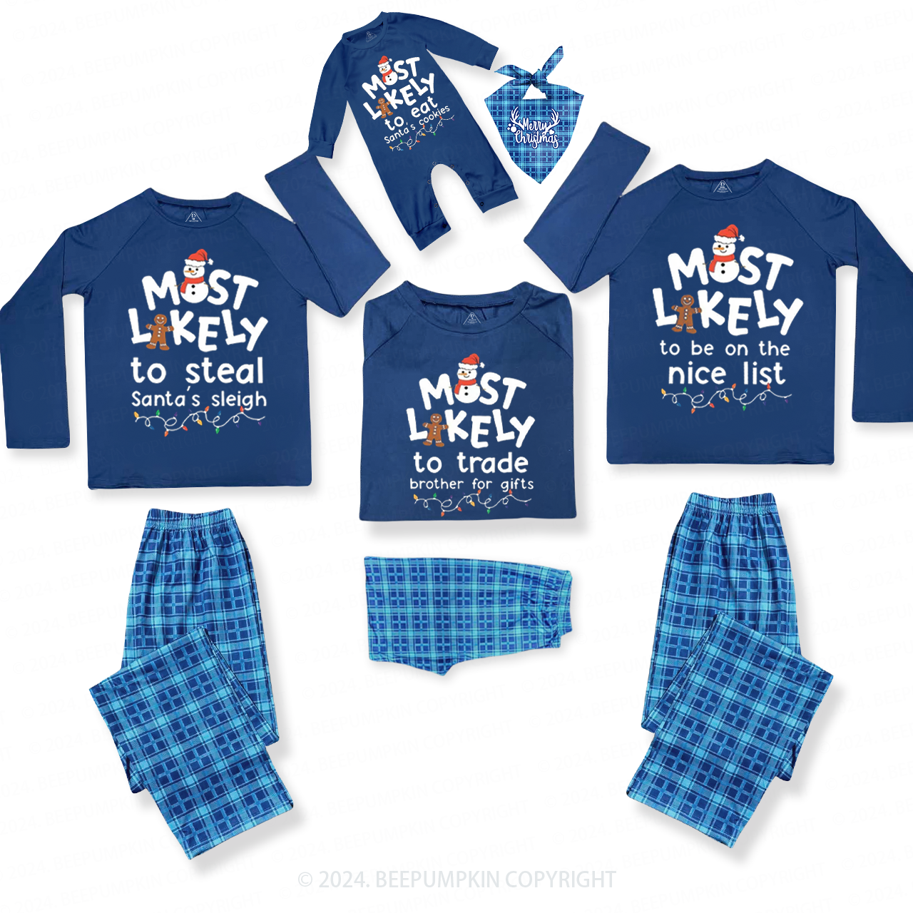 Most Likely To Gingerbread And Snowman Family Matching Blue Pajamas Beepumpkin