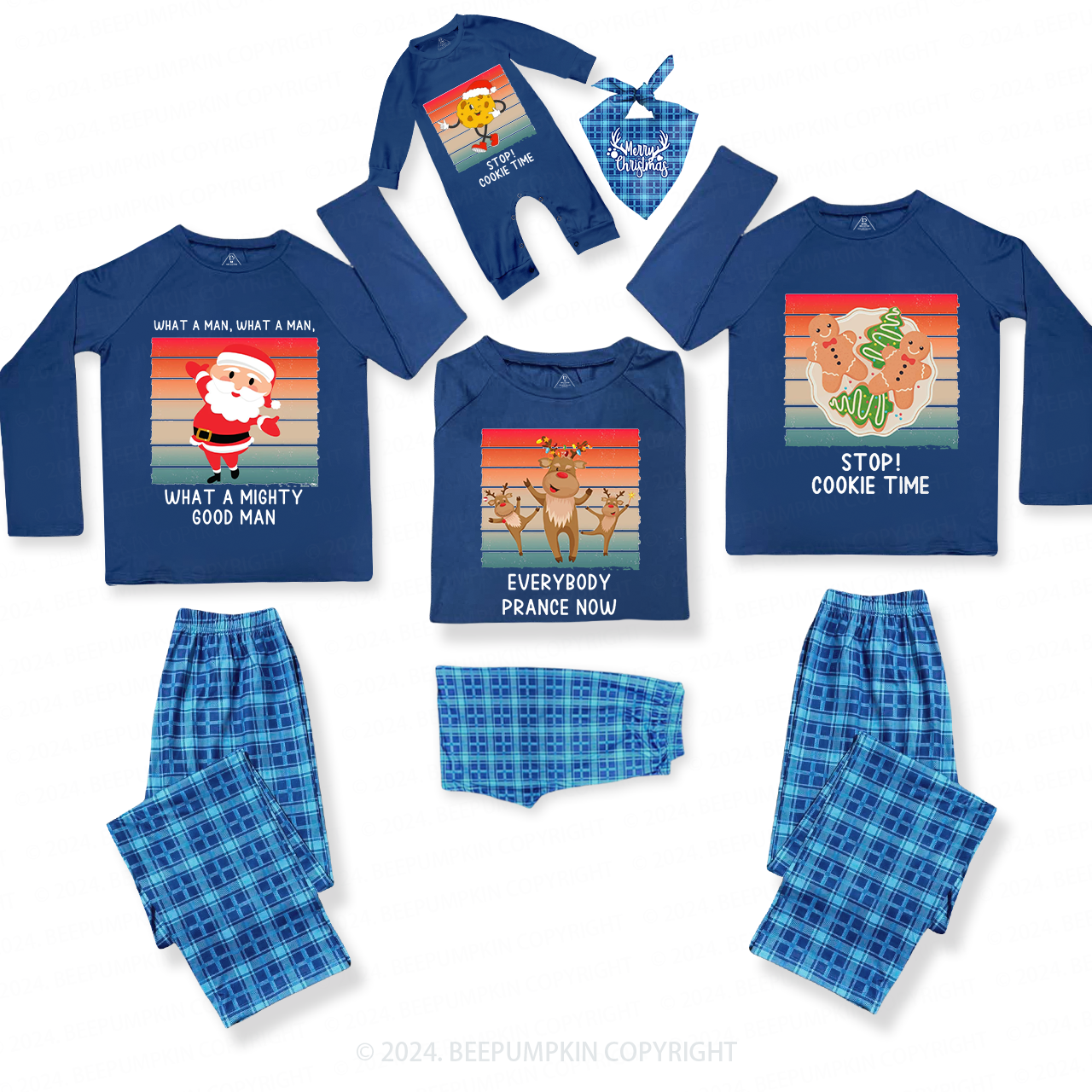 Cartoon Snowman Elk Cookies Christmas Family Matching Blue Pajamas Beepumpkin