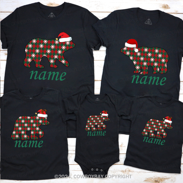 Personalized Plaid Bear With Santa Hat Christmas Family Matching T-Shirts Beepumpkin