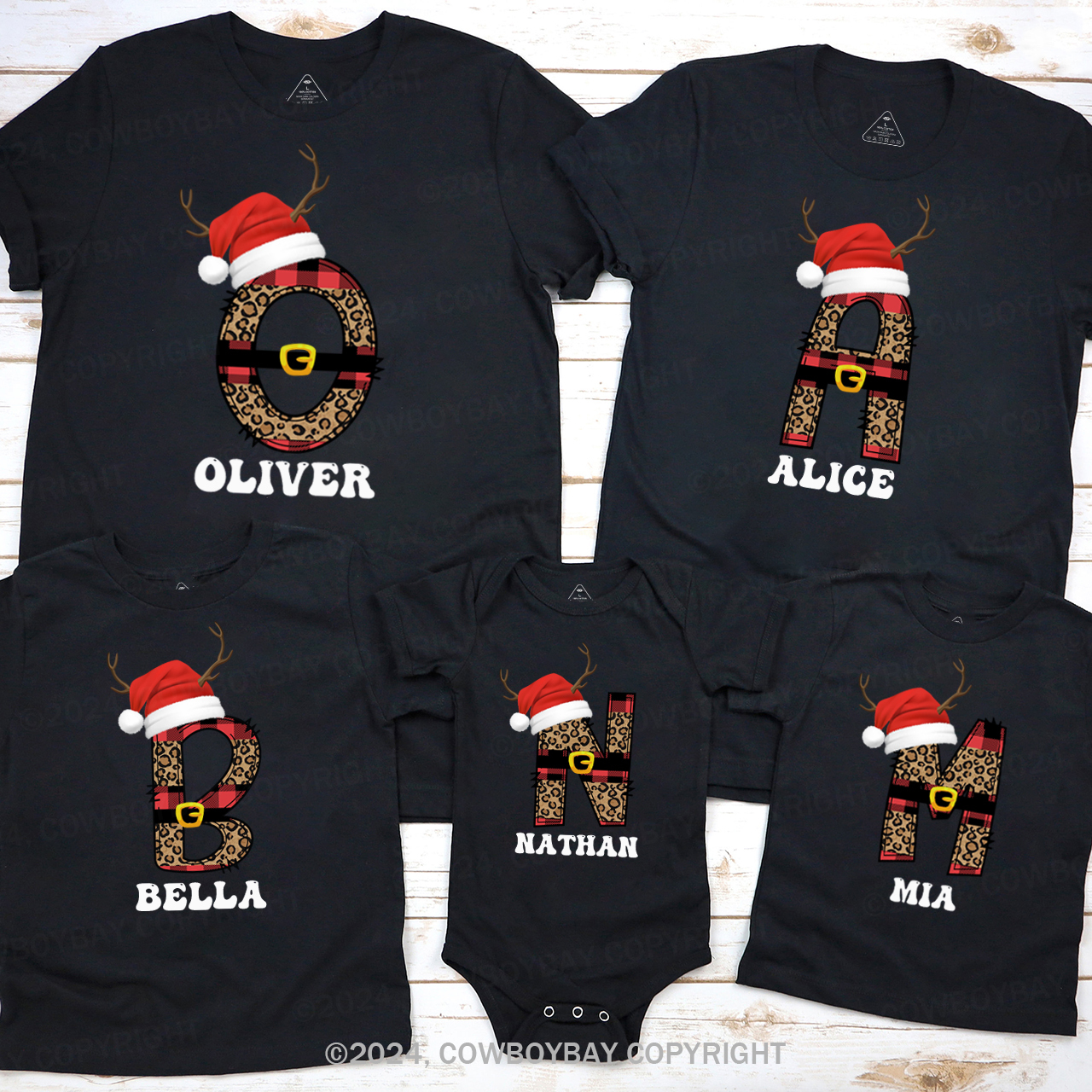 Personalized Monogrammed Plaid Letter With Santa Hat Christmas Family Matching T-Shirts Beepumpkin