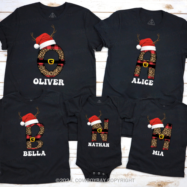 Personalized Monogrammed Plaid Letter With Santa Hat Christmas Family Matching T-Shirts Beepumpkin