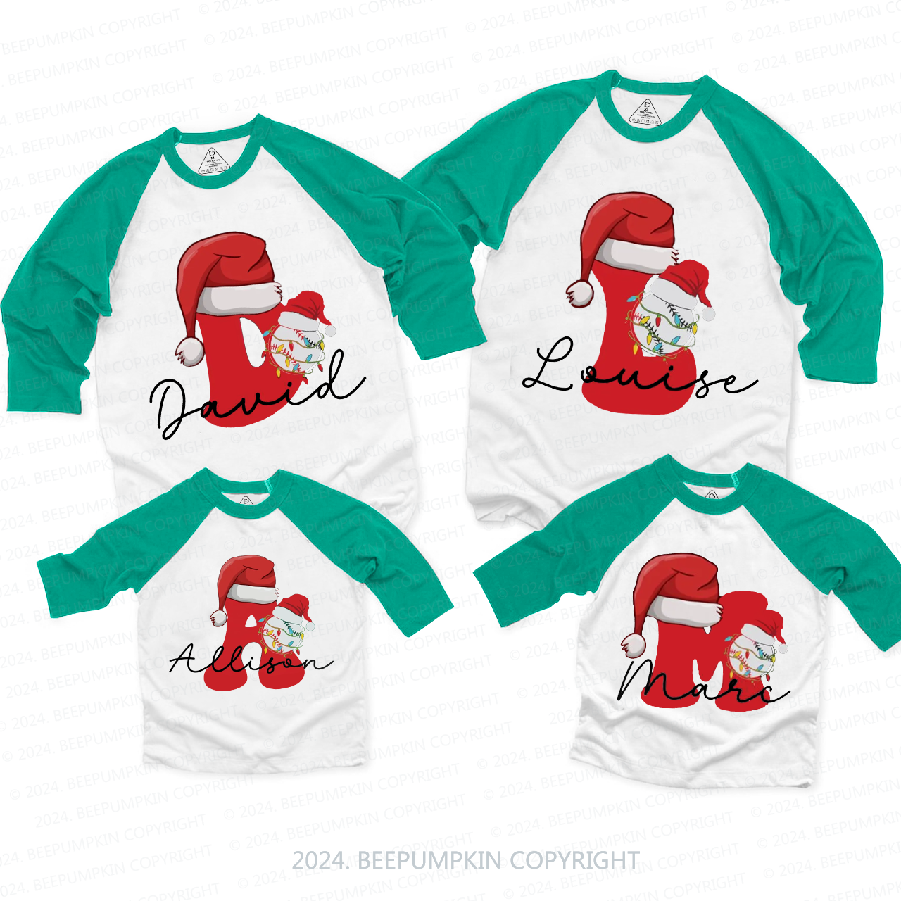 Personalized Baseball Christmas Letter Family Matching Raglan Sleeves T-Shirts Beepumpkin 