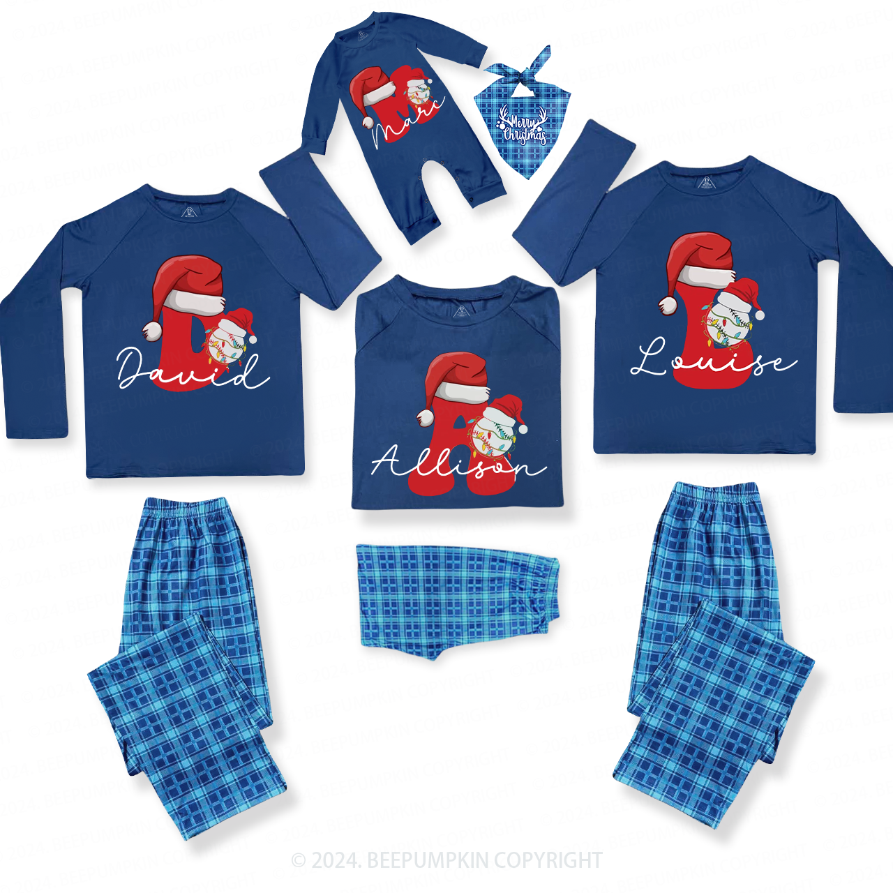 Personalized Baseball Christmas Letter Family Matching Blue Pajamas Beepumpkin