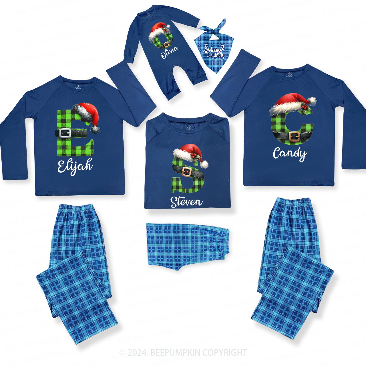 Personalized Green Plaid Letter Family Matching Blue Pajamas Beepumpkin