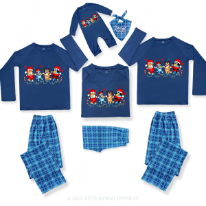 Image of Cartoon Dog Candy Cane Family Matching Blue Pajamas Beepumpkin