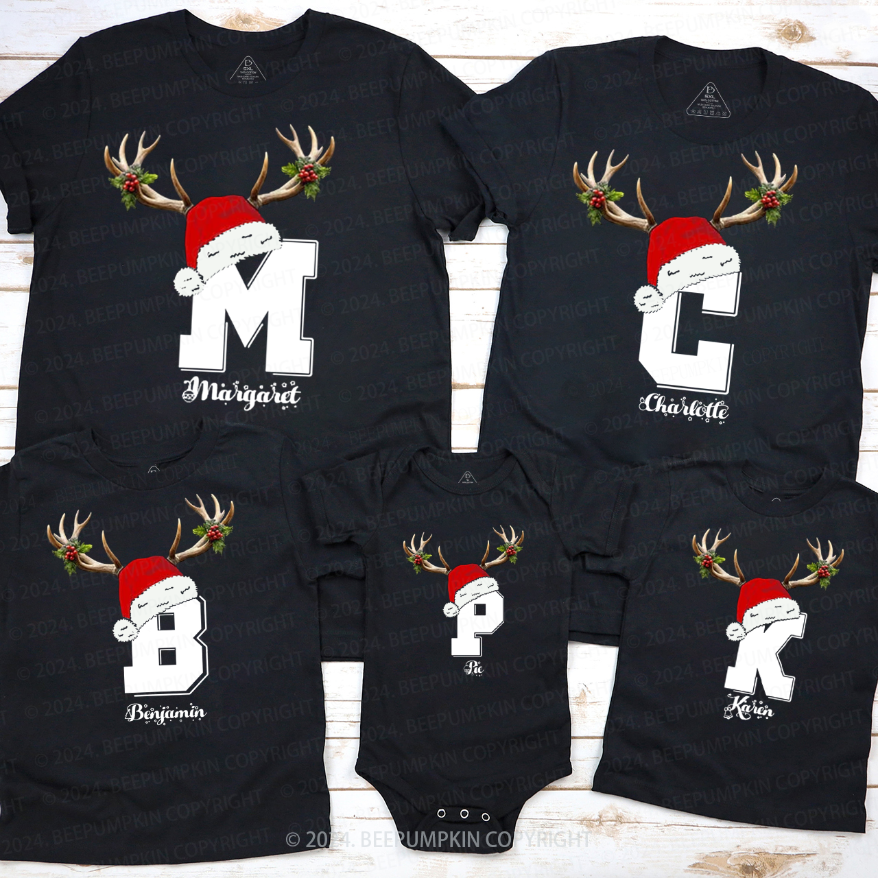 Personalized Deer Antler Name Monogram Christmas Family Matching T-Shirts Beepumpkin