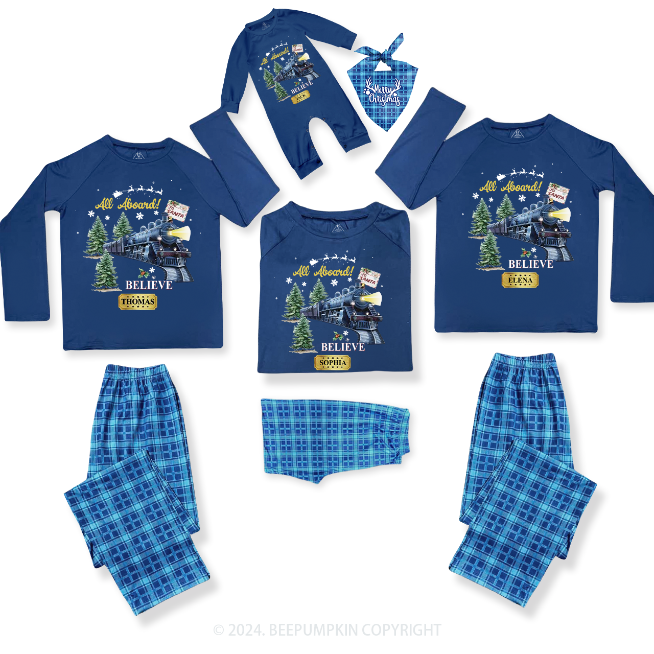 Personalized Train And Tree Family Matching Blue Pajamas Beepumpkin
