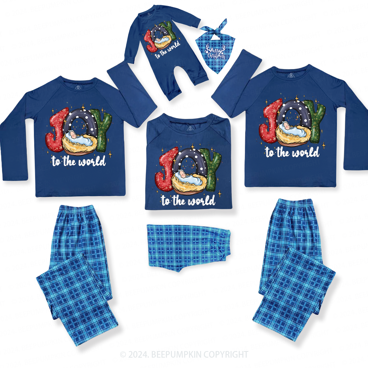 Joy To The World Christmas Family Matching Blue Pajamas Beepumpkin