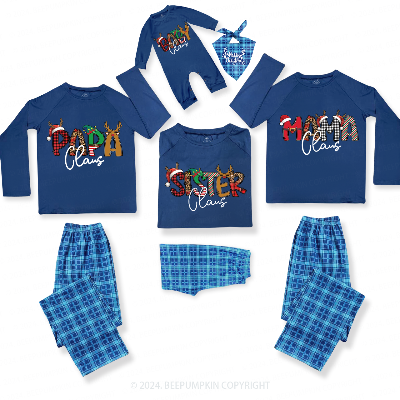 Personalized Antlers Letter Family Claus Matching Blue Pajamas Beepumpkin