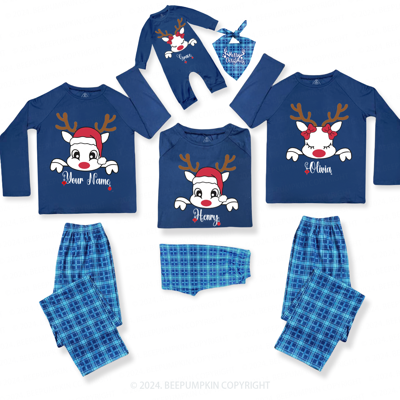 Personalized Christmas Reindeer With Santa Hat Matching Blue Pajamas Beepumpkin