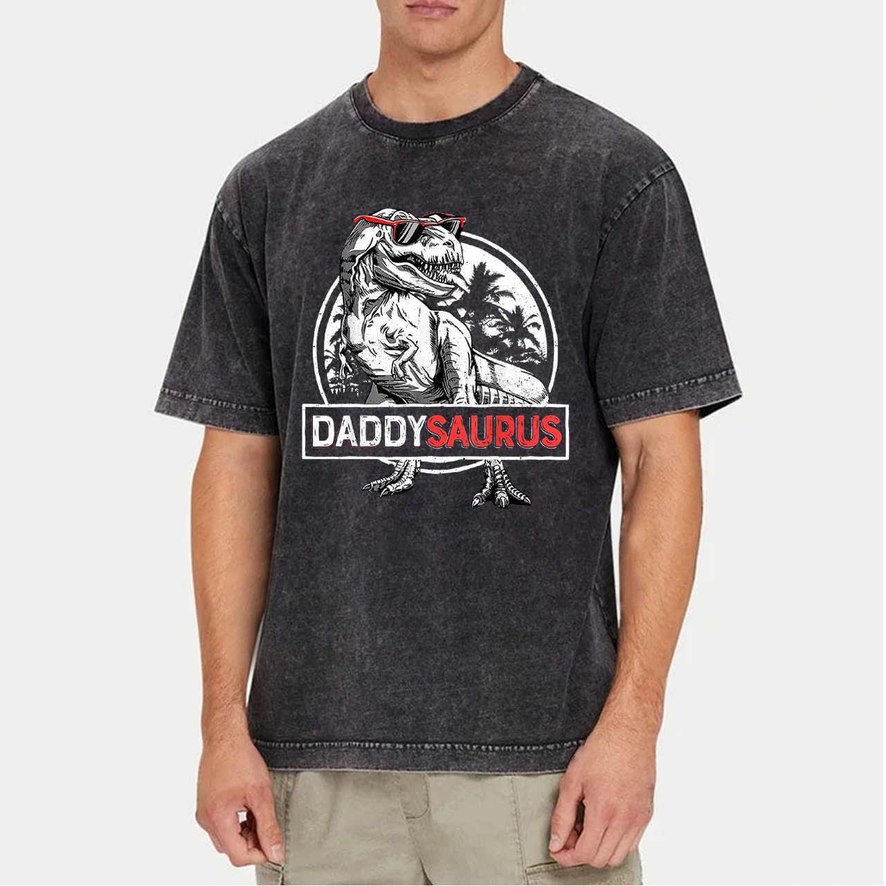 Daddy Saurus T-Rex With Glasses Washed T-Shirts 