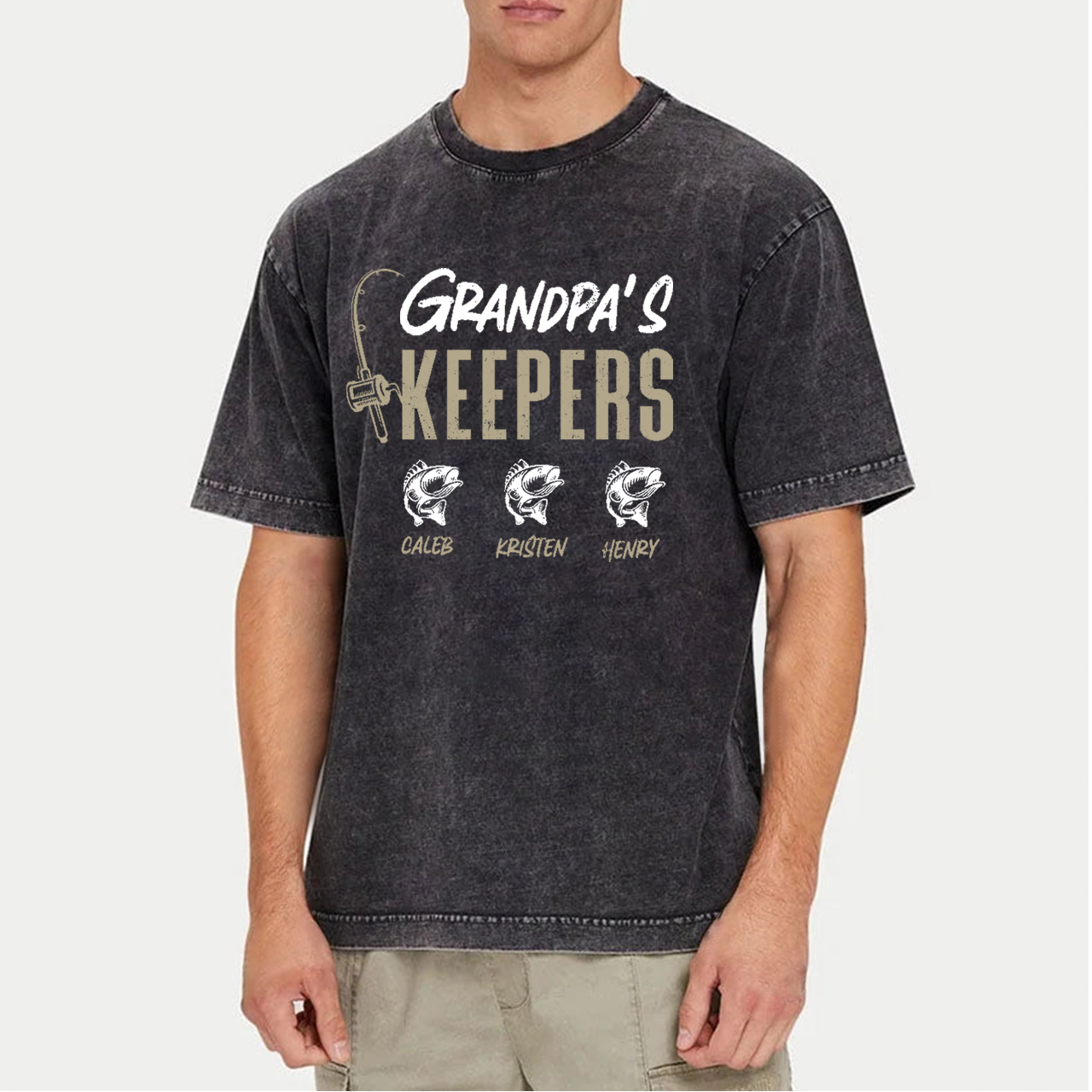 Personalized Grandpa Fishing With Kids Names Washed T-Shirts 
