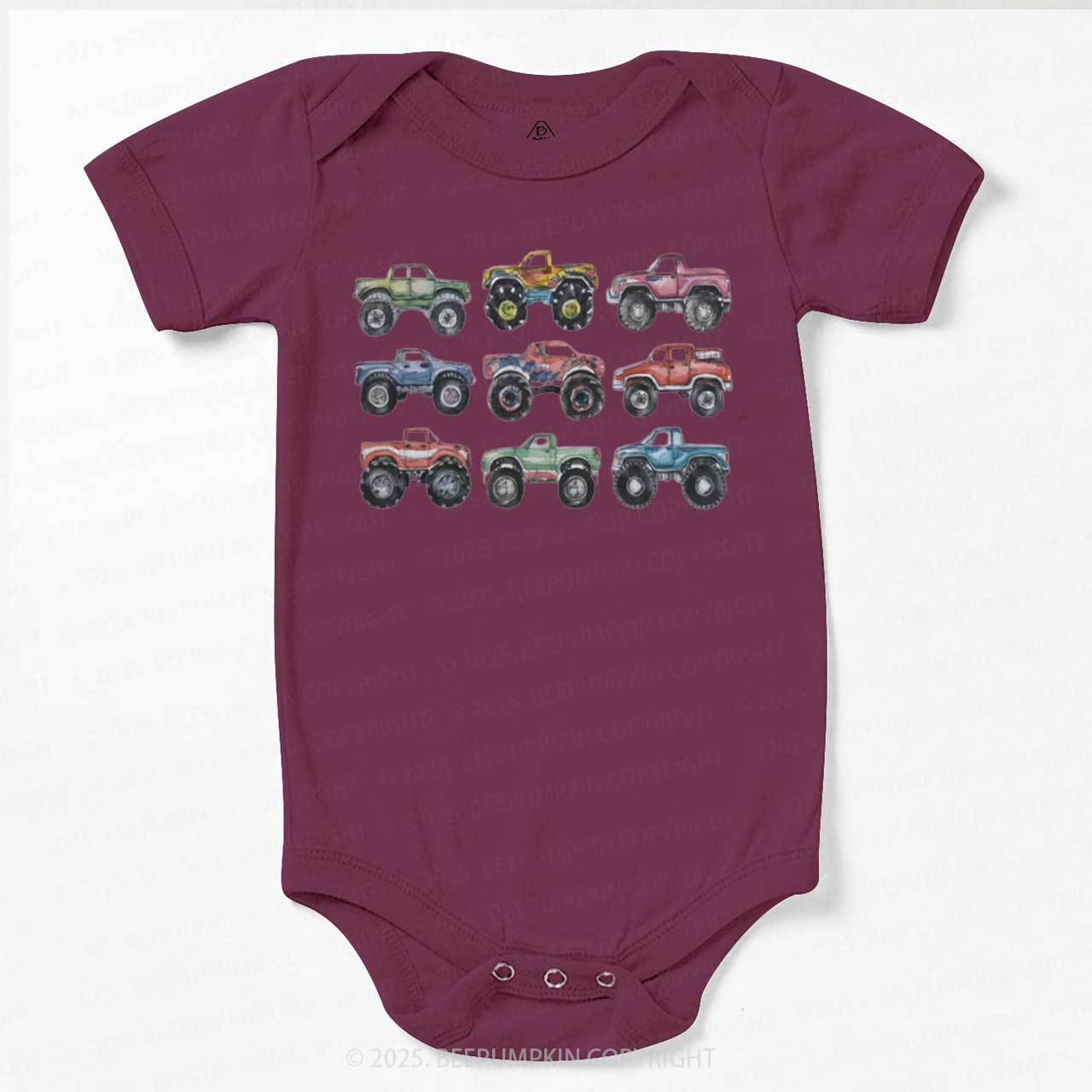 Retro Monster Trucks In A Row Bodysuit Beepumpkin