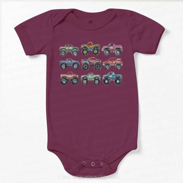 Retro Monster Trucks In A Row Bodysuit Beepumpkin