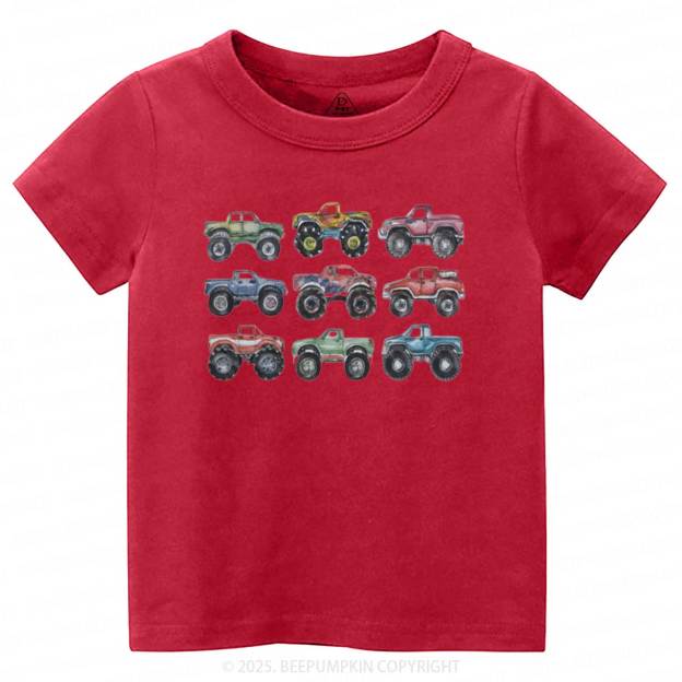 Retro Monster Trucks In A Row Toddler&Kid's Tees Beepumpkin