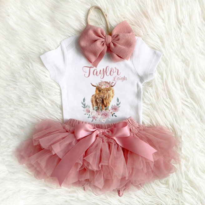 Cow Pink Floral Tutu Baby Girl Oufit Set