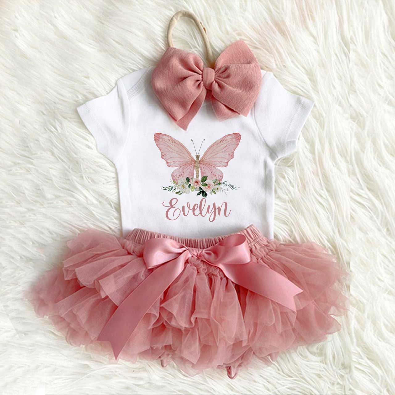 Personalized Name Butterfly Floral Tutu Baby Girl Oufit Set
