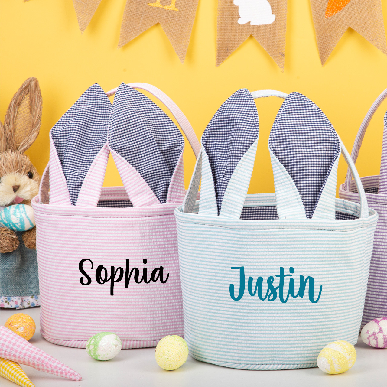 Personalized Name Seersucker Vintage Rabbit Ears Basket