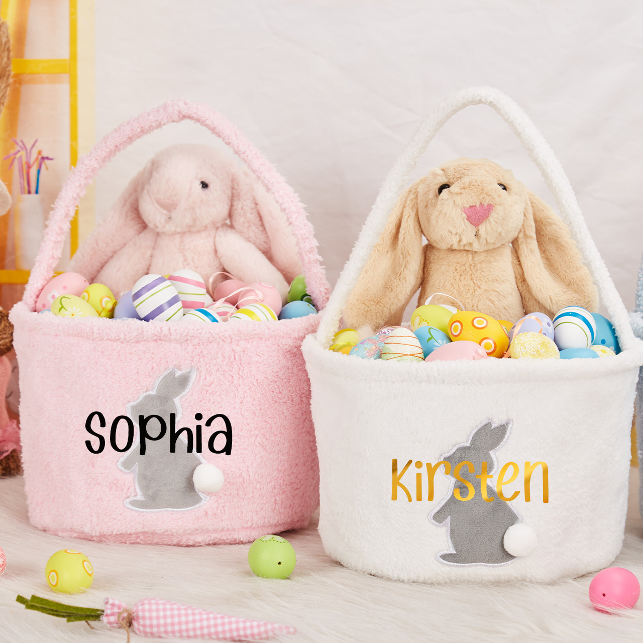 Personalized Name Easter Bucket Plush Bunny Basket