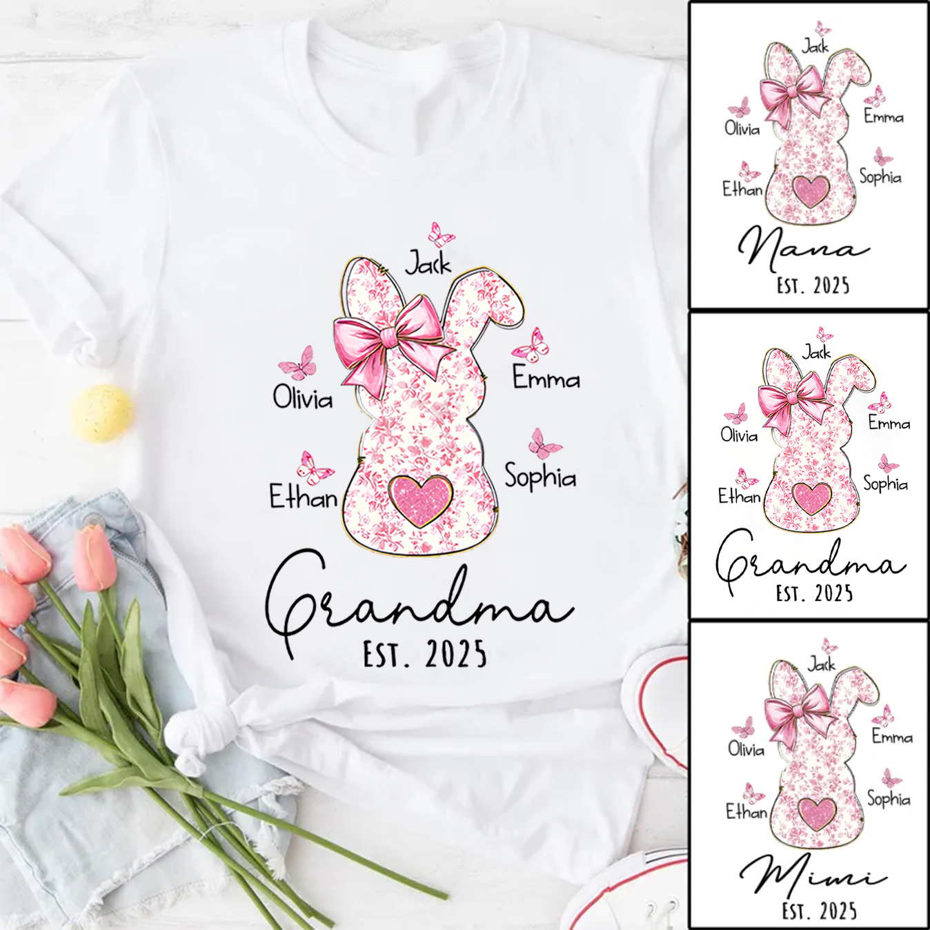 Personalised Pink Floral Butterfly Bunny Easter T-Shirt