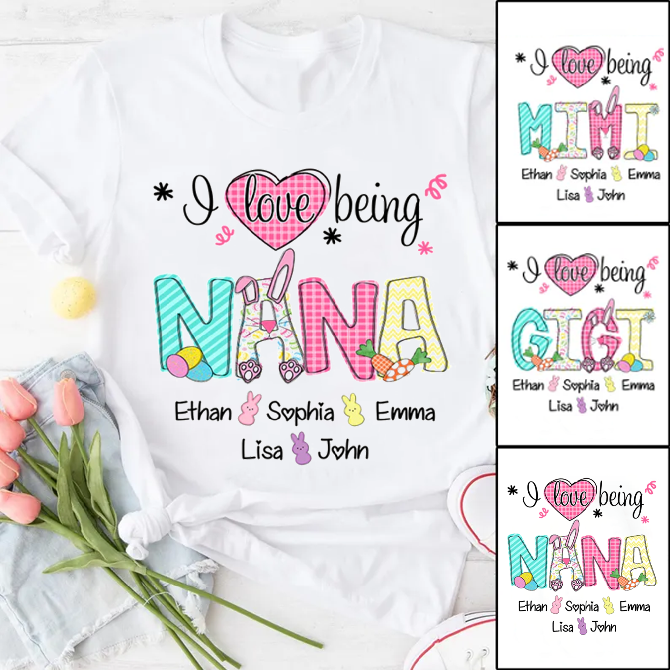 Personalized I Love Being Nana Easter Bunny And Grandkids Happy Easter T-Shirt