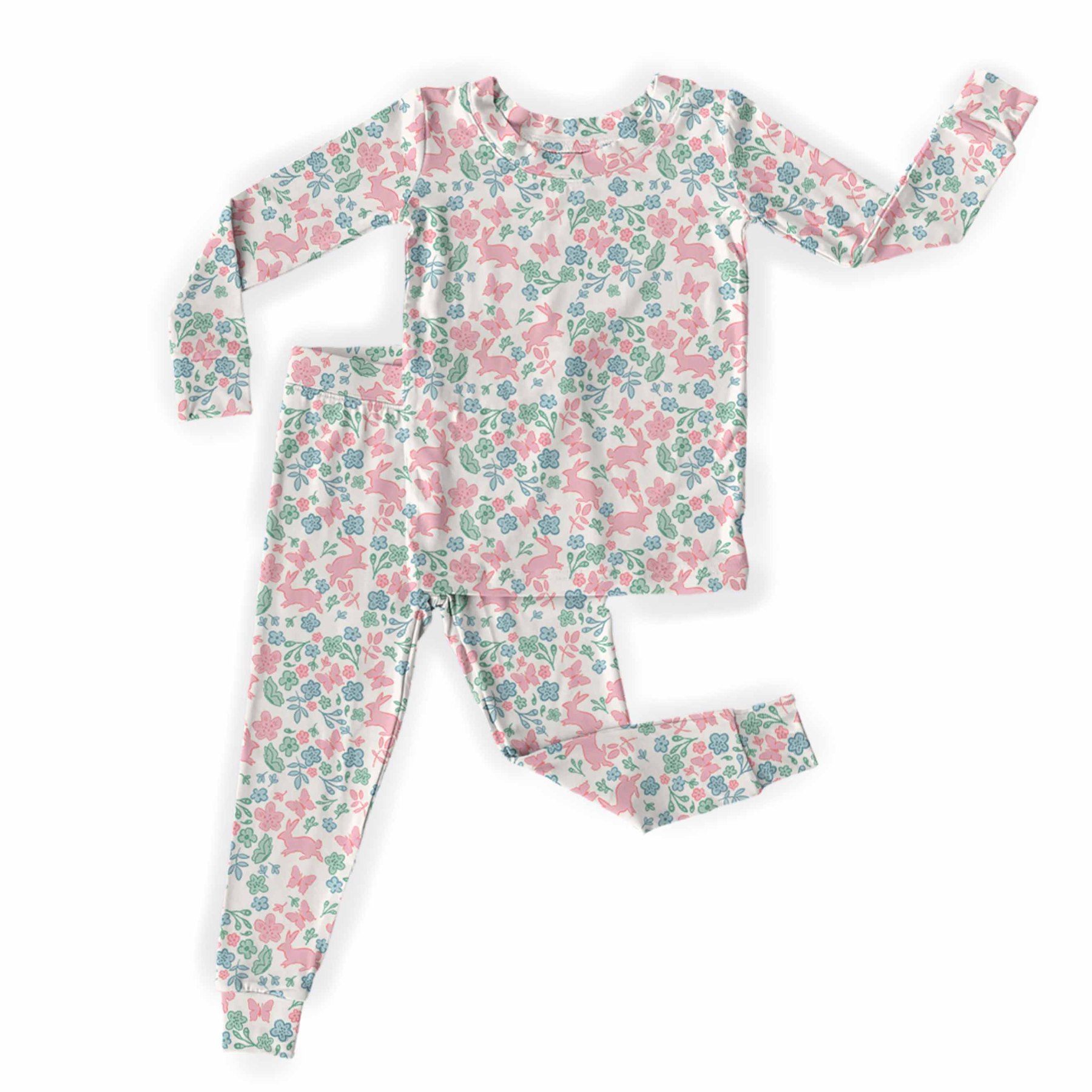 Pink And Blue Easter Floral Two-Piece Pajama Set For Kids