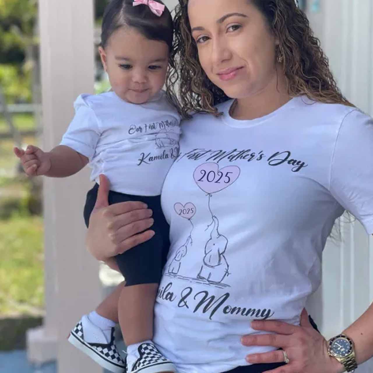 Pink Blue Ballon & Elephants Mom&Me Matching Tees