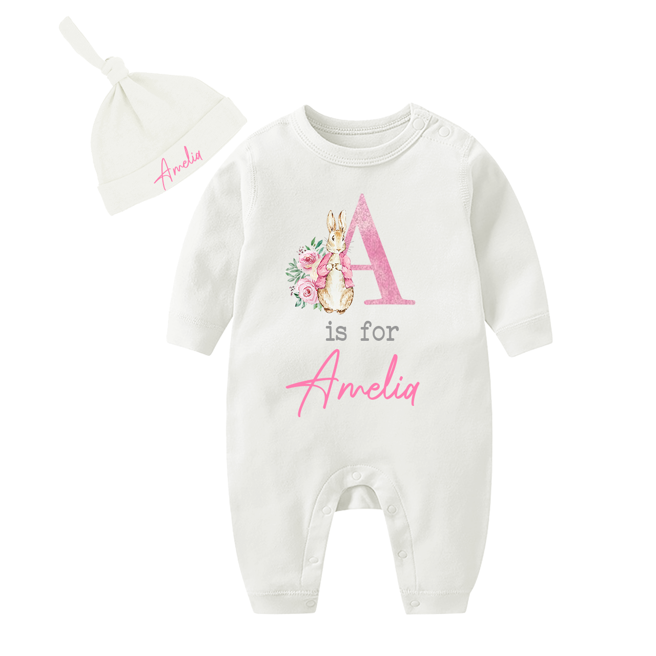 Personalized Pink Rabbit Romper And Hat Set