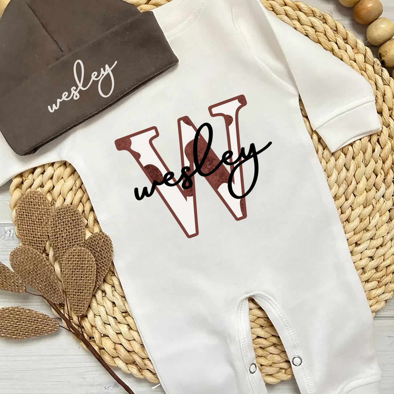 Personalized Cow Print Neutral Baby Romper And Hat Set
