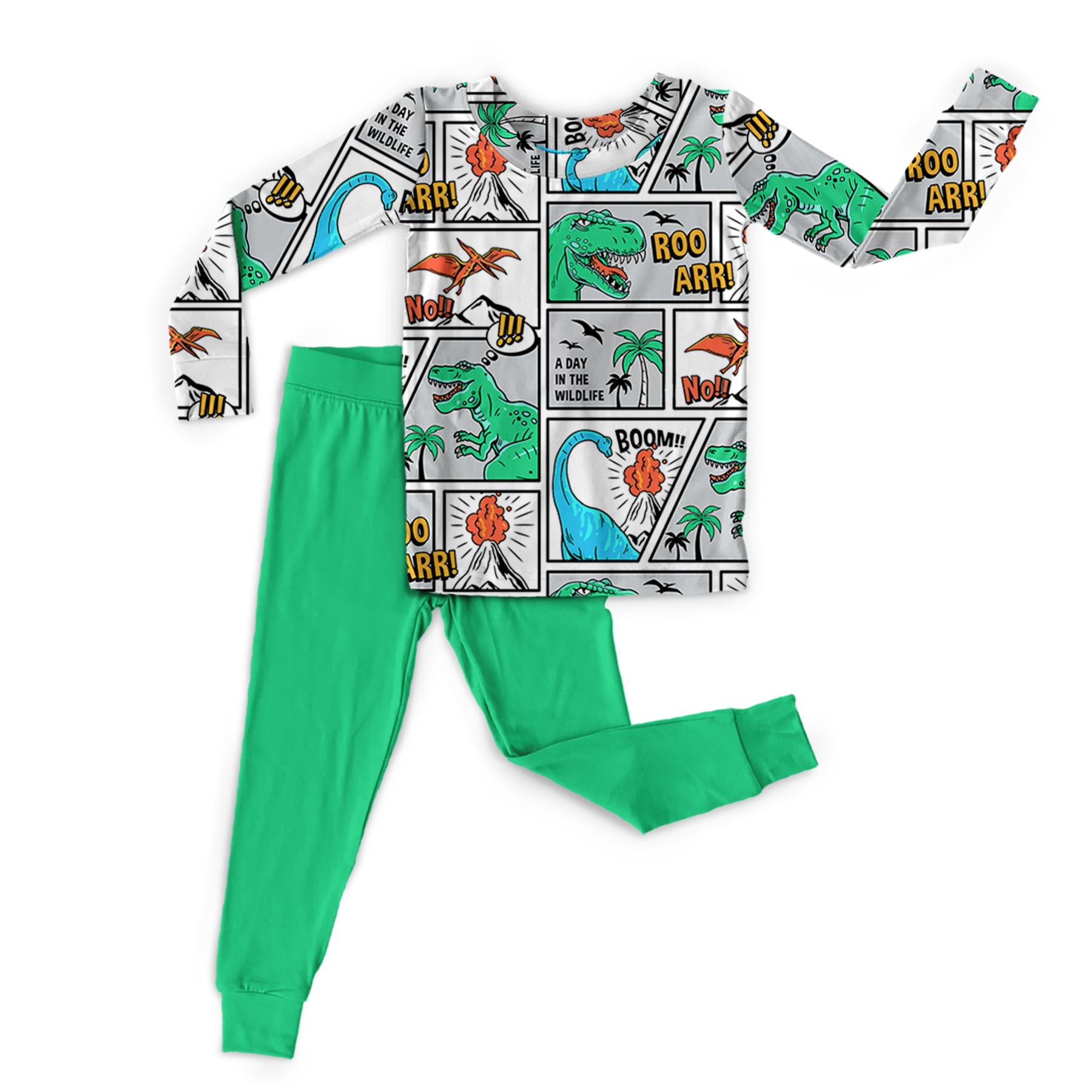 Dinosaur Cartoons Two-Piece Pajama Set For Kids