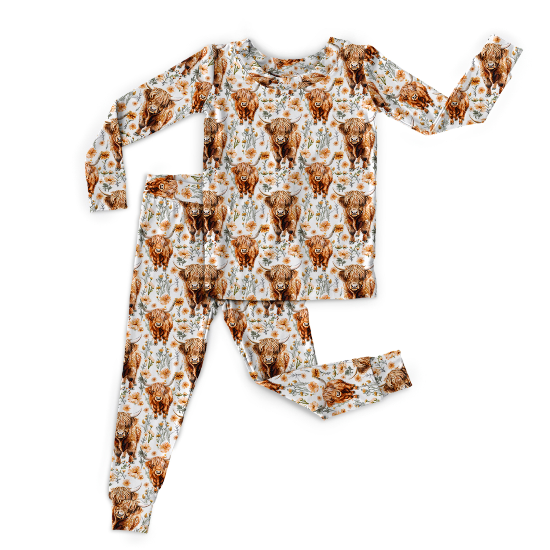 Highland Cows Floral Two-Piece Pajama Set For Kids