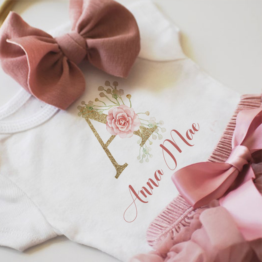 Personalized Vintage Pink Floral Baby Girl Tutu Outfit Set (3 Pieces)