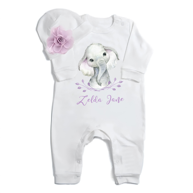 Personalized Elephant Purple Baby Flannel Baby Girl Going Home Outfit
