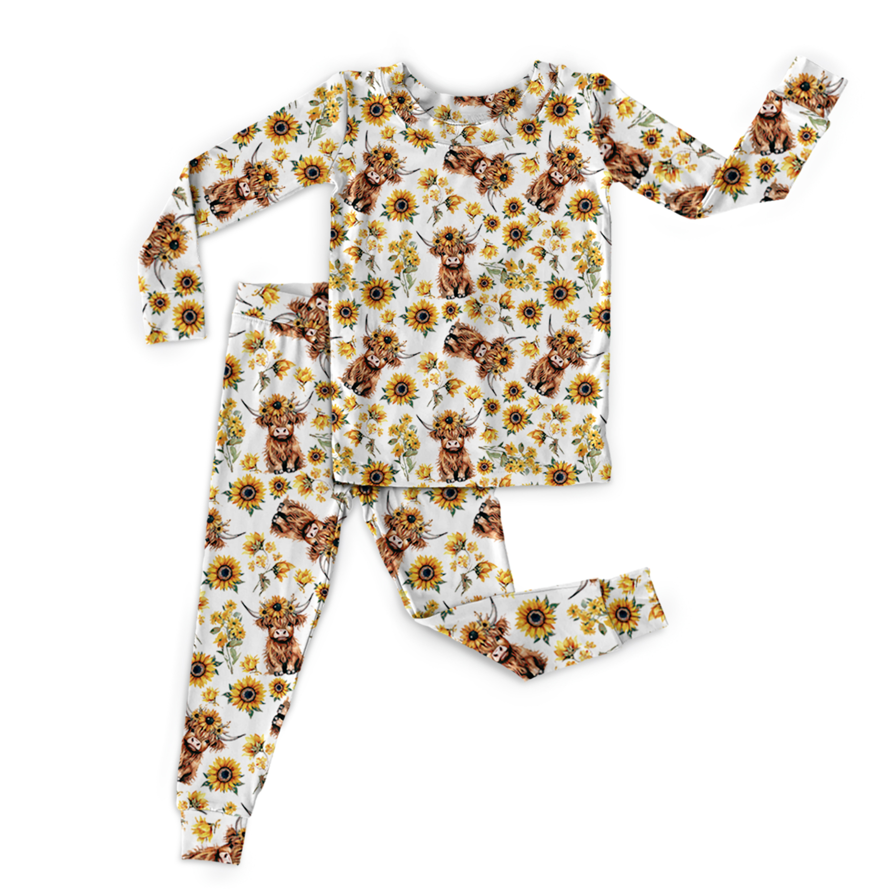 Highland Cow Floral Two-Piece Pajama Set For Kids