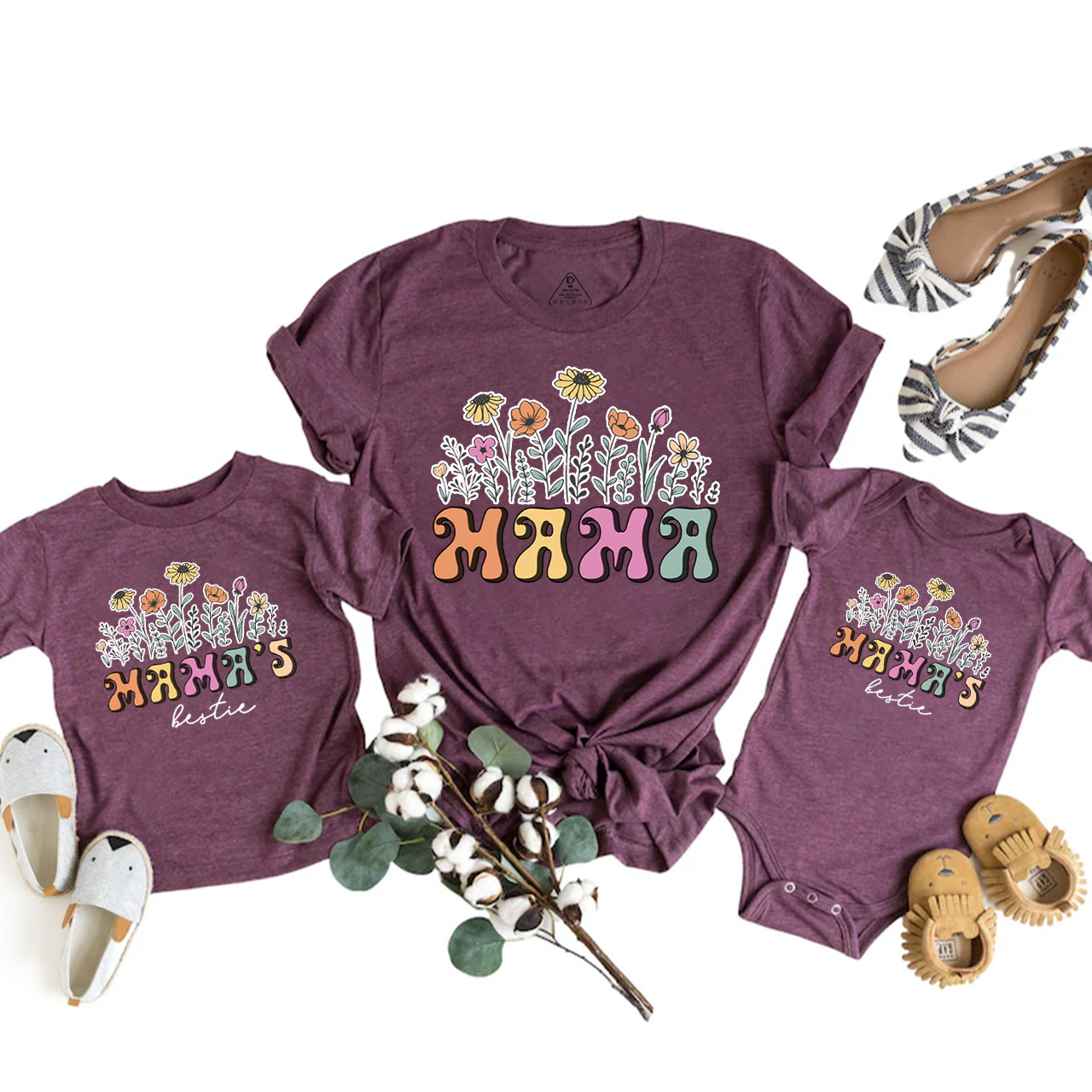 Retro Flower Mama And Mama's Bestie Matching Tees