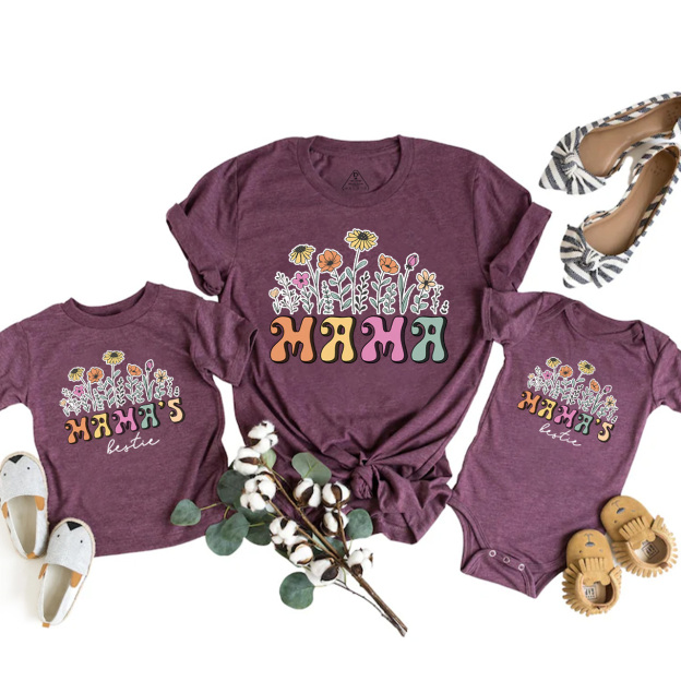 Retro Flower Mama And Mama's Bestie Matching Tees