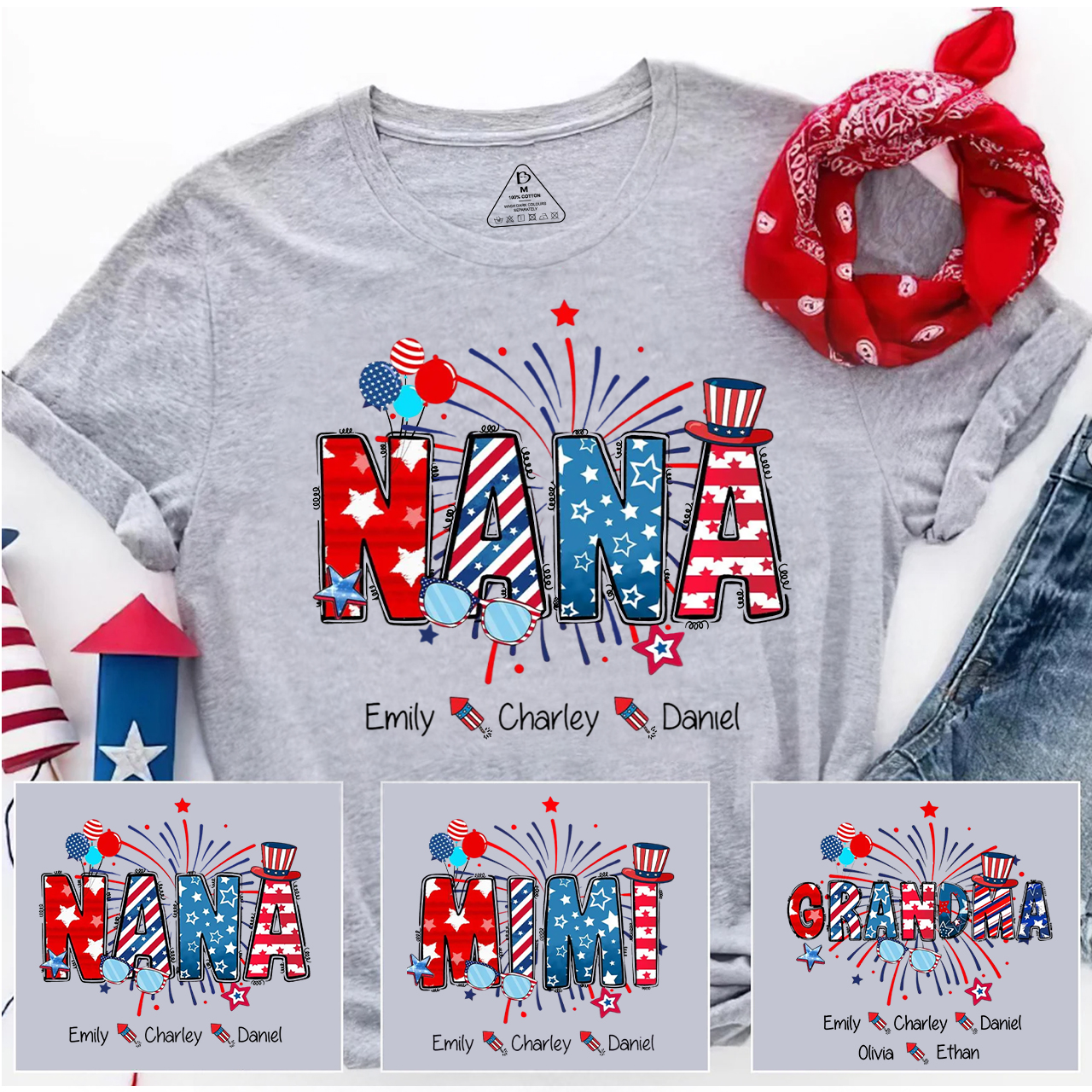 Personalized Patriotic Nana 4th Of July Grandma And Grandkid Name T-Shirts