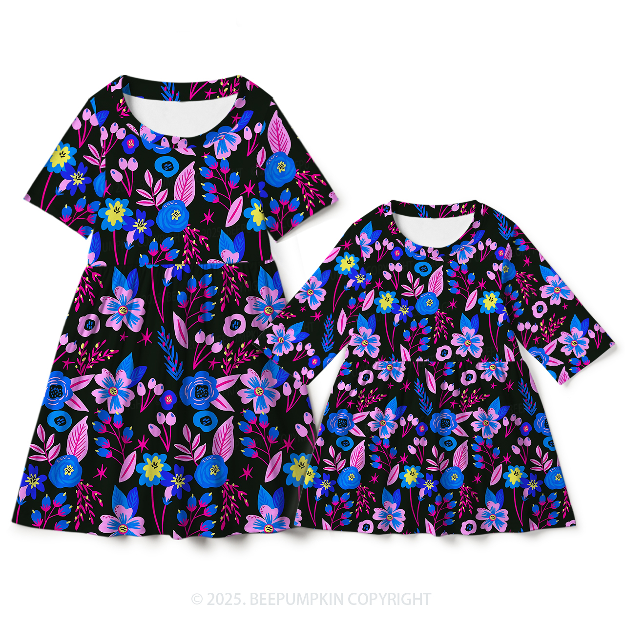 Dark Night Flowers Mom&Me Matching All Over Print Dress