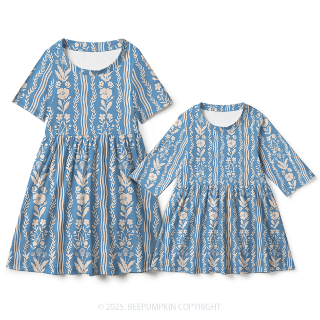 Elegant Blue Flowers Mom&Me Matching All Over Print Dress